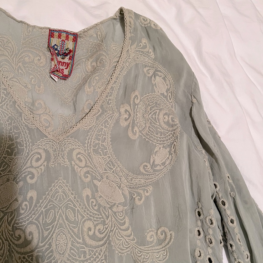 Johnny Was soft greenish gray Embroidered Long Sleeve Top